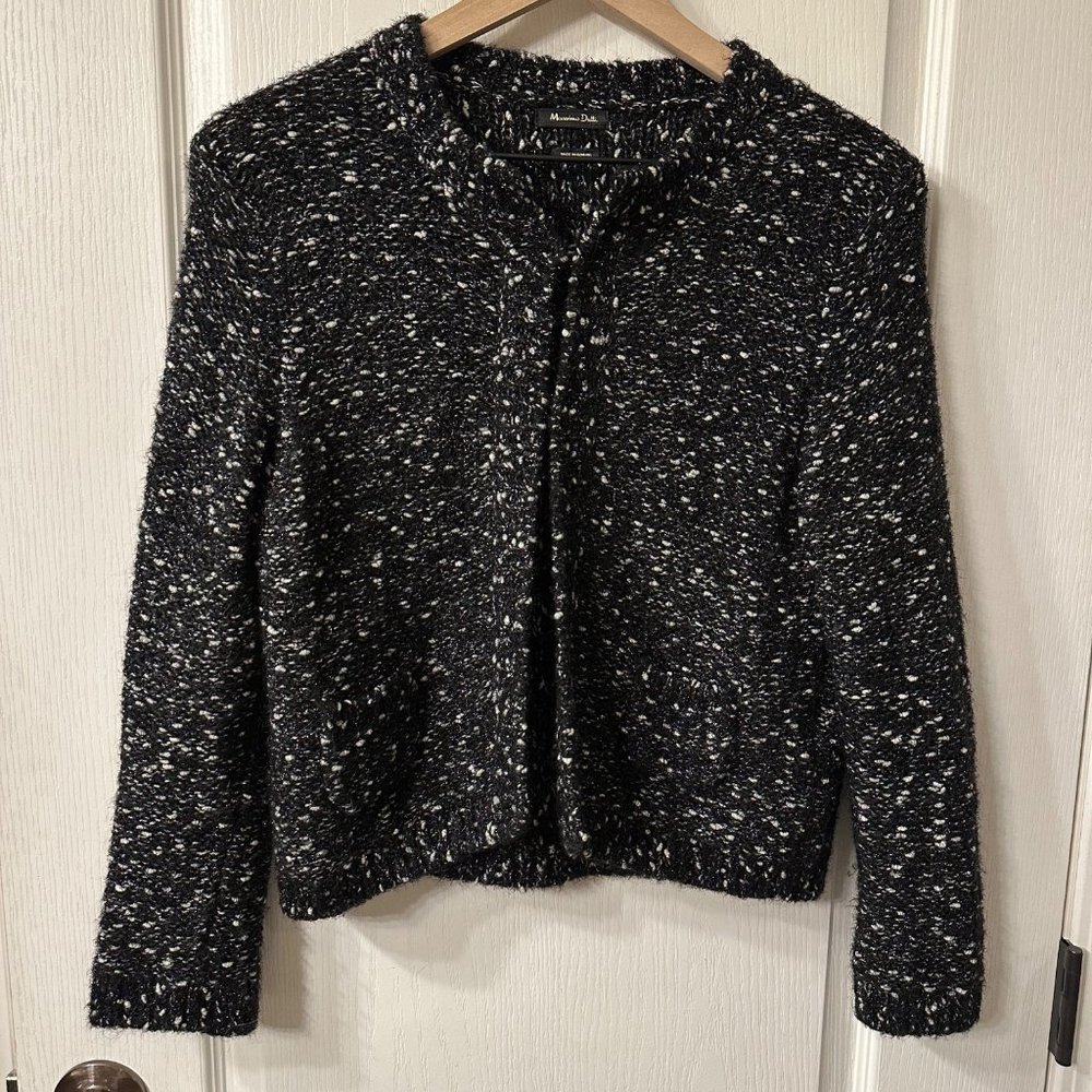 Massimo Dutti | Black Metallic Knit Open Front Cardigan Sweater Wool Mohair M